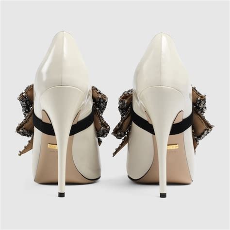 gucci crystal bow heels|Gucci crystal kitten heel pump.